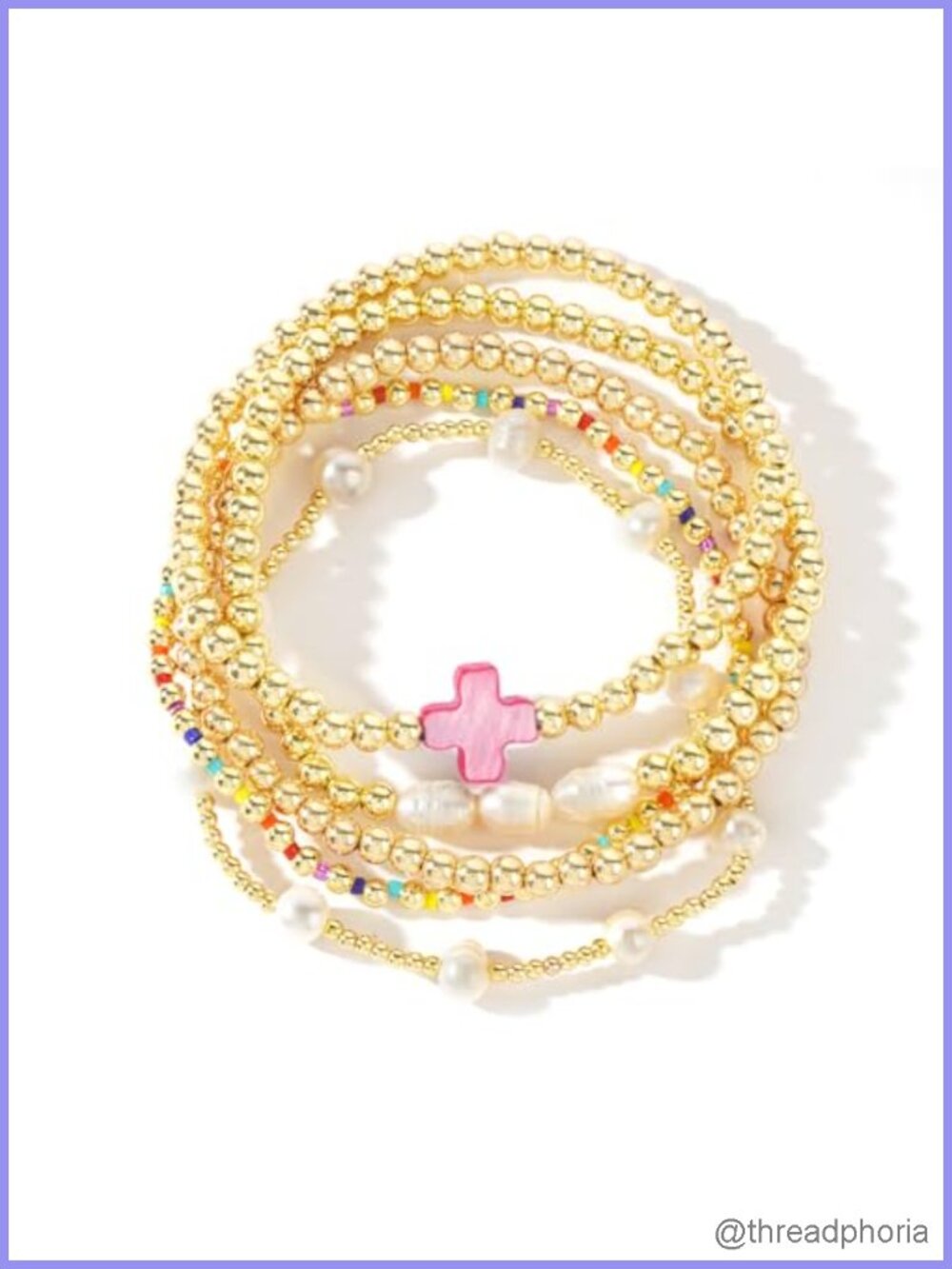 Boho Stretch Bracelets 6Pc Set Gold Plated Beaded Cross Jewelry